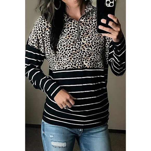 Azura Exchange  Leopard Striped Zipper Pullover Sweatshirt - Picture 3 of 3